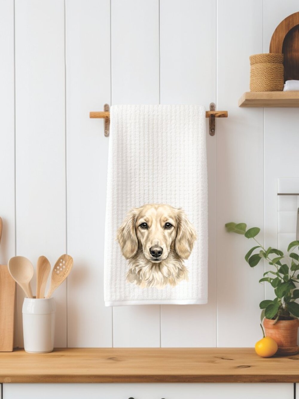Cream Longhair Dachshund Dog Waffle Weave Decorative Kitchen Tea Towel
